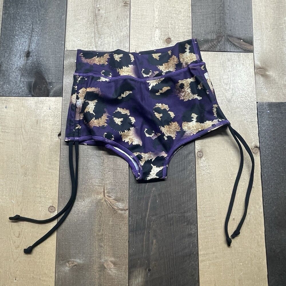 BMVMNT Women's XS/S Buti Yoga SideTie High Waist Hot Shorts Purple & Gold Jaguar